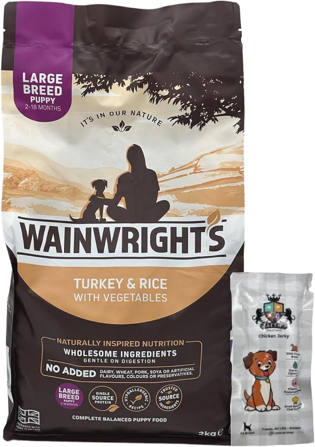 AETN Creations Bundle of Complete Dry Large Breed Puppy Food 2kg with AETN Chicken Jerky Treat - Balanced Nutrition for Your Dog