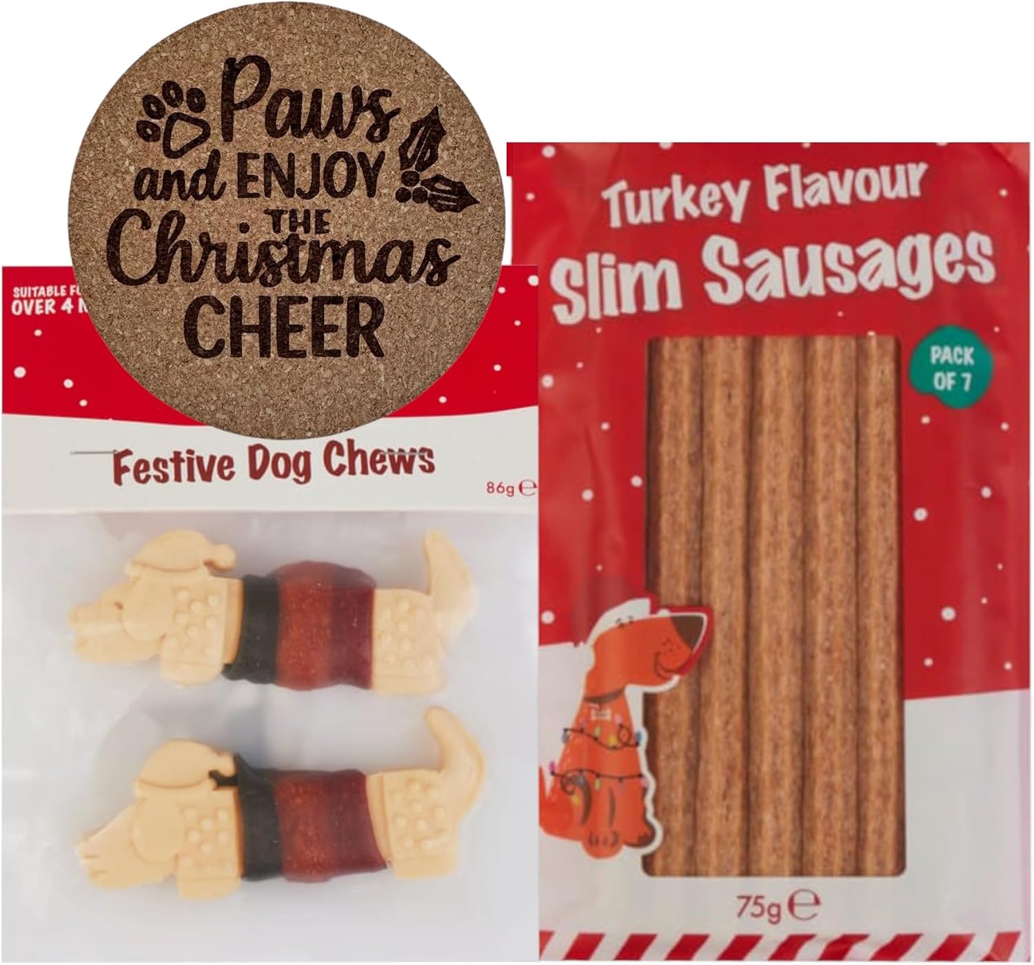 AETN Creations Christmas Pet Stocking Filler for Dogs with Turkey Slim Sausages 75g, Festive Chews 86g and Holiday Coaster | Mini Festive Gift Bundle