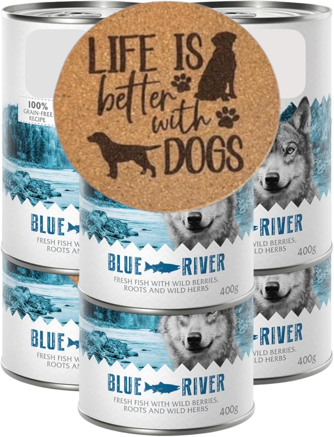 AETN Creations Bundle | Blue River Wet Adult Dog Food 6 x 400g Fish Protein | 100% Grain-Free Recipe | Includes 1 of 6 AETN Canine Quote Coasters