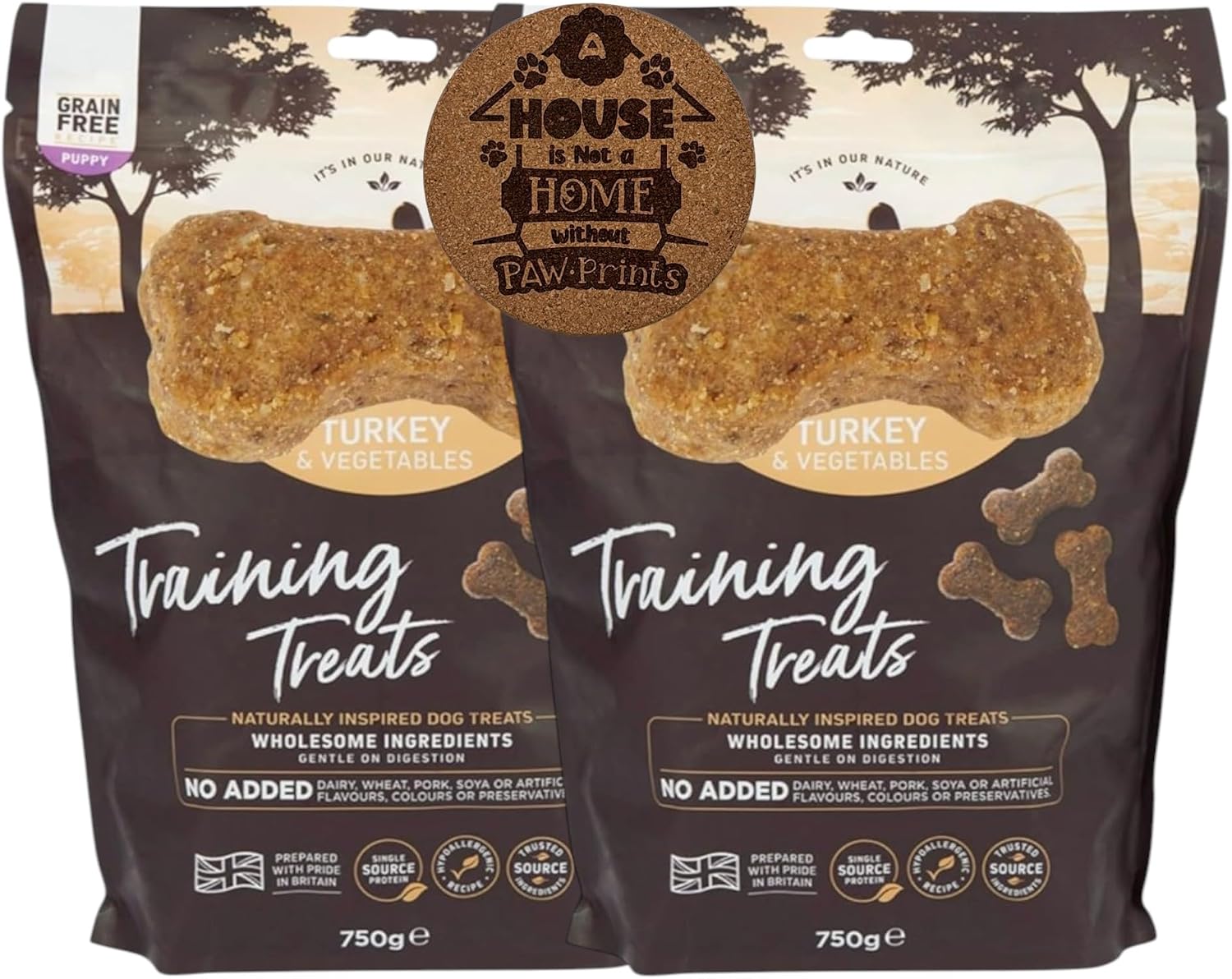 AETN Creations Grain Free Puppy Training Dog Treat Pack – 2x750g Turkey & Vegetables Hypoallergenic with AETN Exclusive Coaster