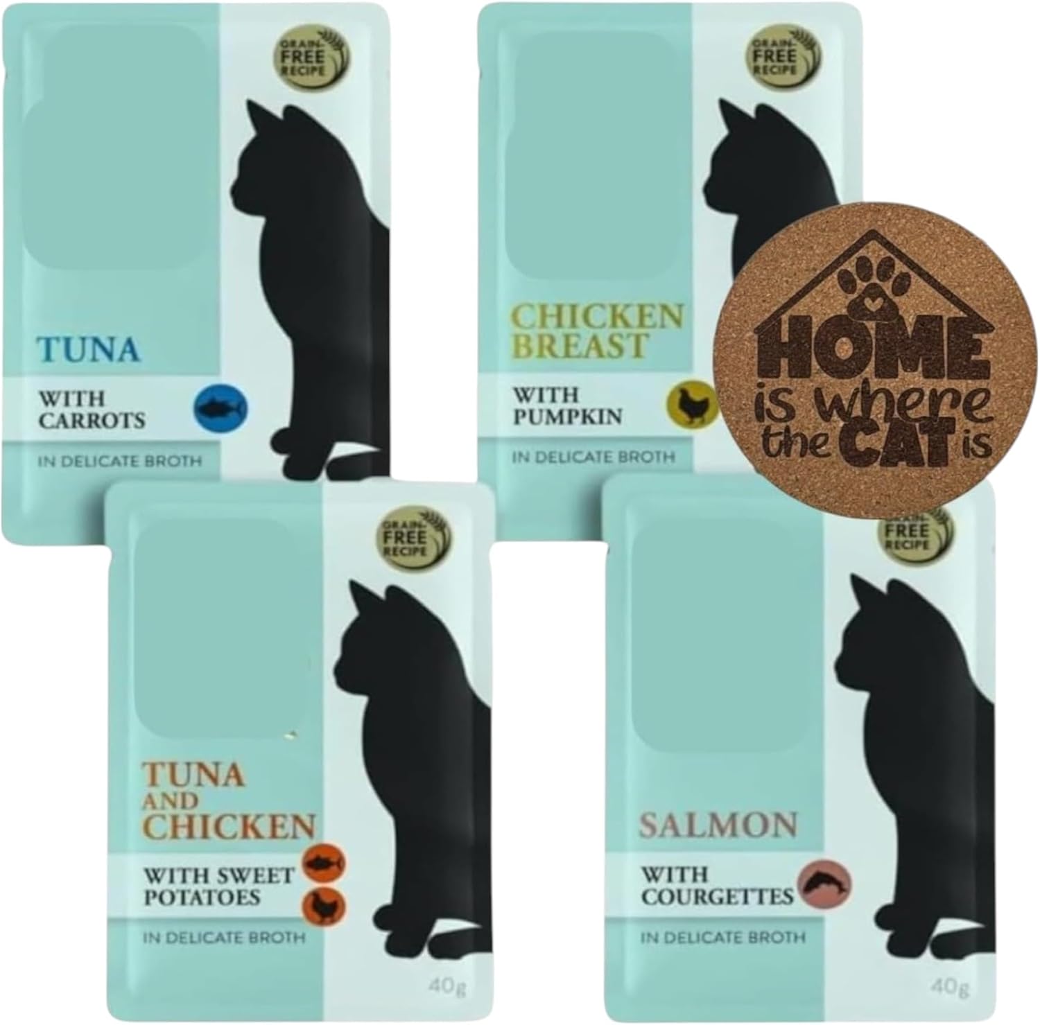 AETN Creations Soup Bundle Mixed Flavours Wet Cat Food 16x40g – Grain-Free Chicken & Fish Recipes in Broth – Supplementary Meal for Adult Cats – With AETN Exclusive Cat Quote Coaster
