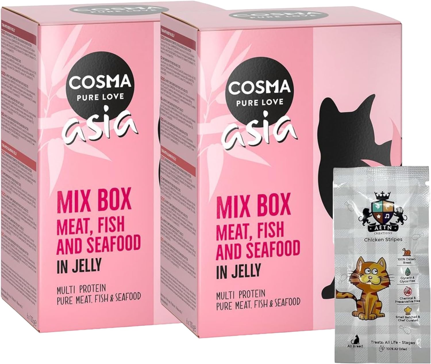 AETN Creations Bundle of Cosma Pure Love Asia Flavours in Jelly Pouches 12x100g with AETN Chicken Cat Treat