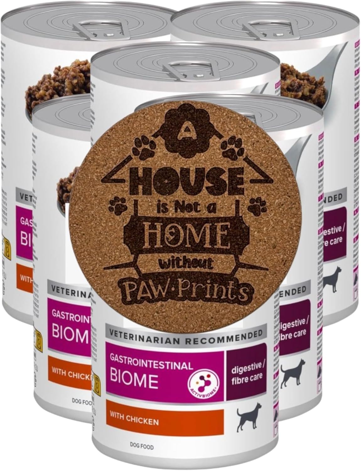 AETN Creations Gastrointestinal Biome Dog Food Bundle – 6x370g Wet Tins with Chicken + Dog-Themed AETN Coasters Digestive & Fibre Care for Adult Dogs