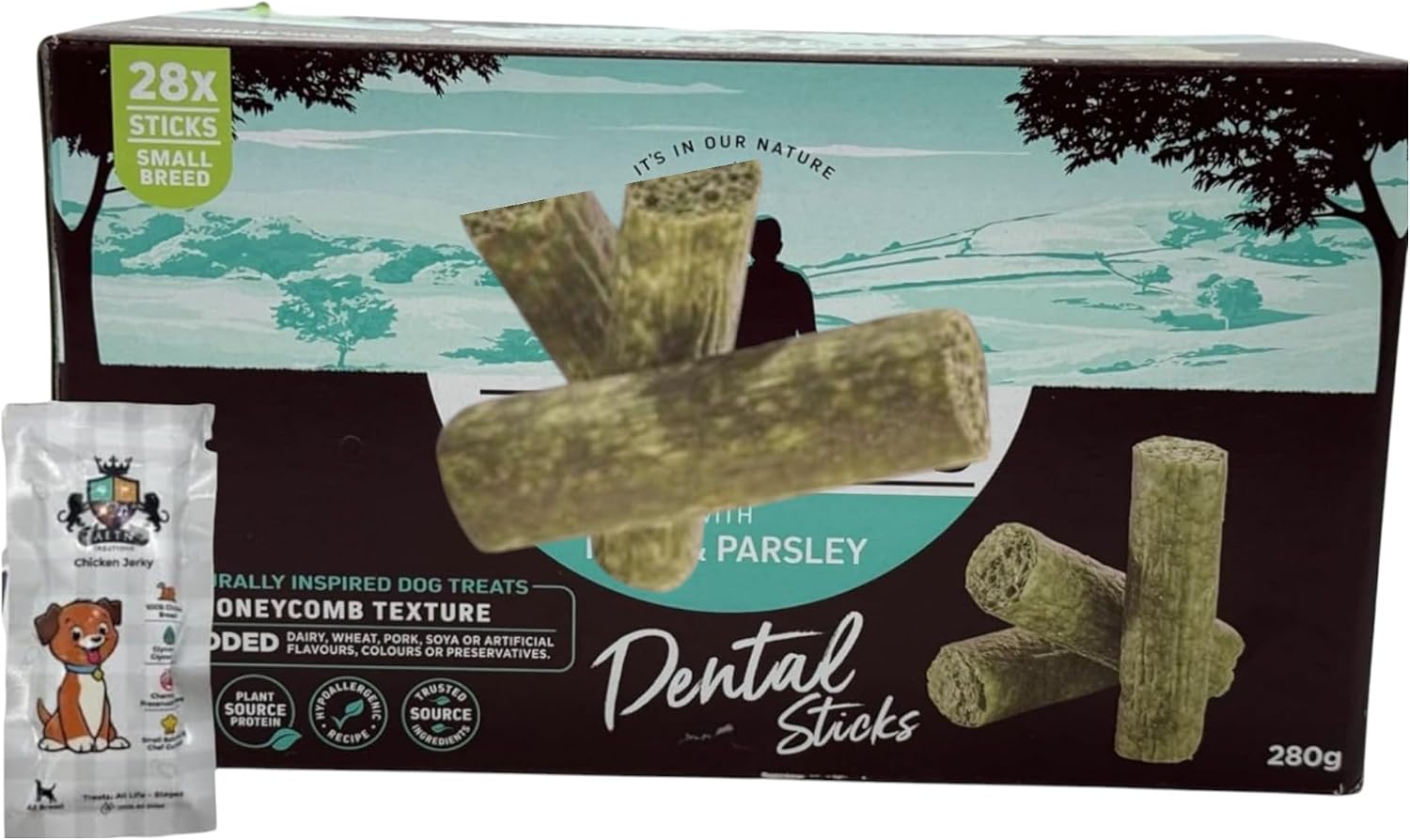 AETN Creations Bundle of Dental Sticks for Small Breed Dogs in Mint and Parsley 1x28 (280g) Sticks to Support Oral Health
