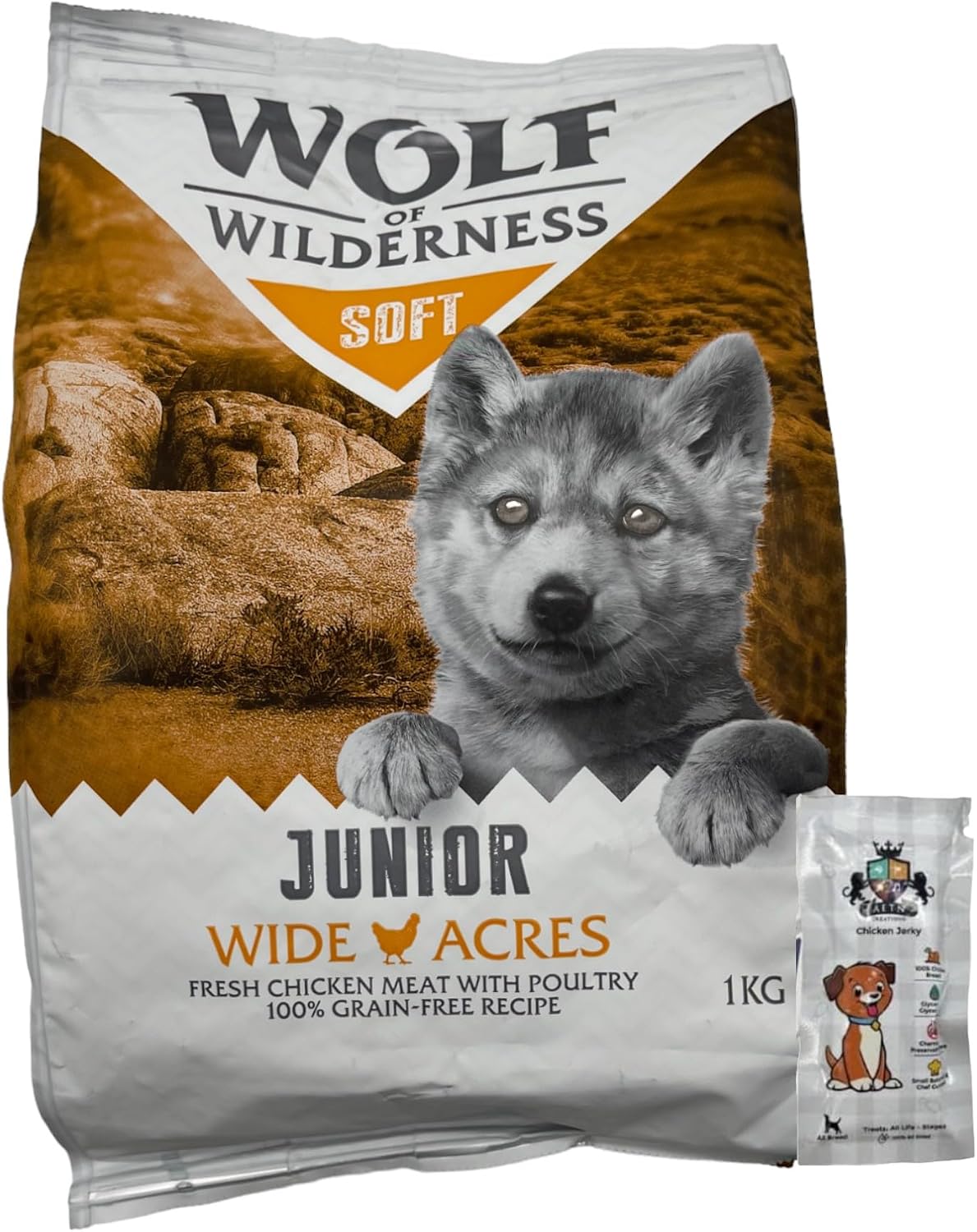 AETN Creations Wolf of Wilderness Junior Soft Wide Acres Chicken Grain-Free Premium Protein Puppy Food with AETN Jerky Dog Treat