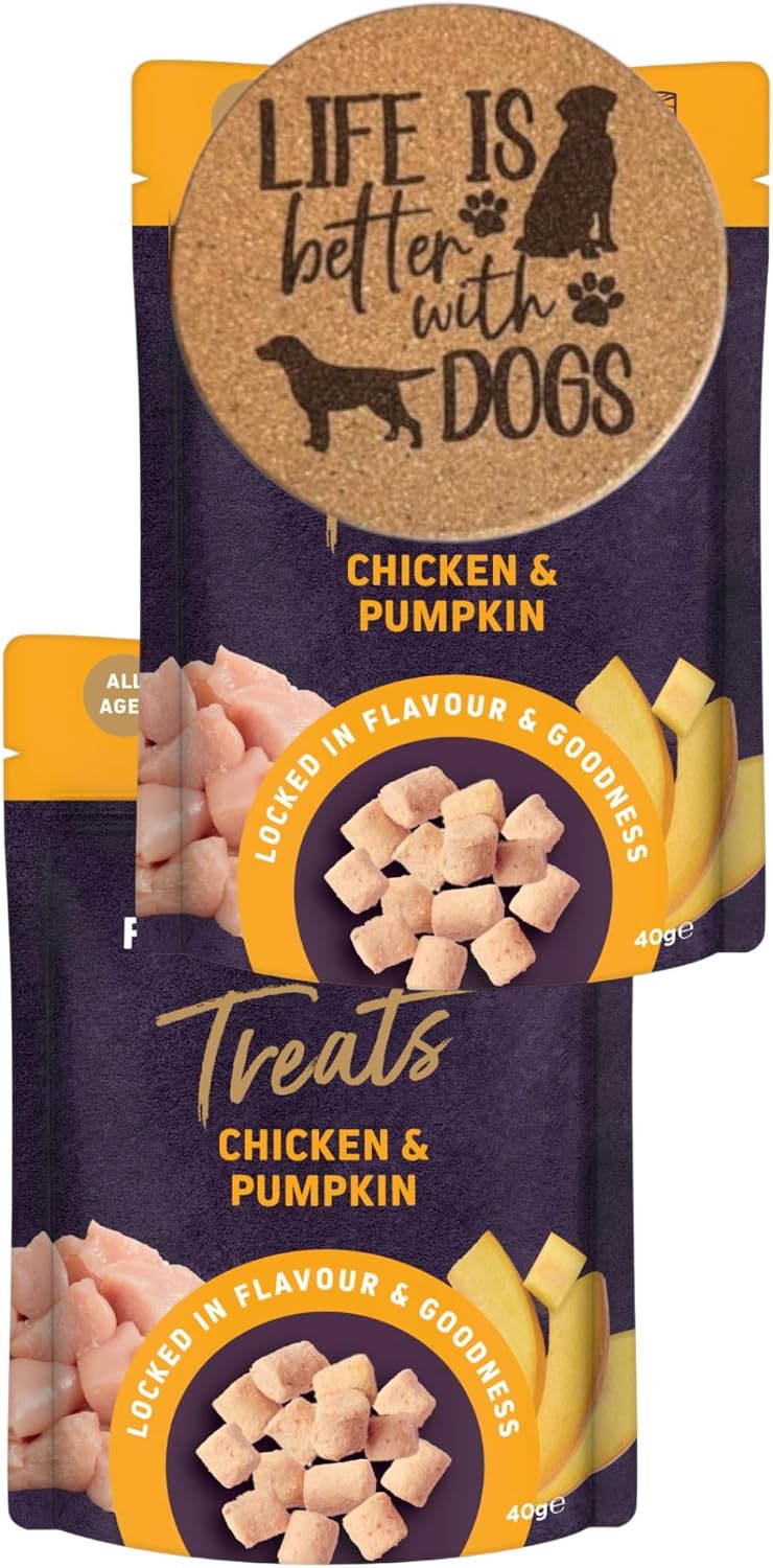 AETN Creations Dog Treat Bundle – Freeze Dried Chicken Breast & Pumpkin 2x40g for Adult Dogs with Exclusive AETN Coaster – Perfect Training Reward