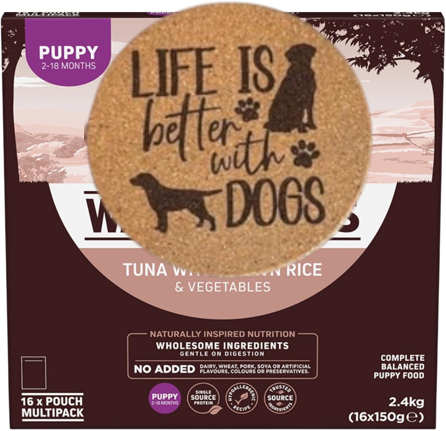 AETN Creations Bundle of Wet Puppy Food 16x150g Tuna with Brown Rice and Vegetables plus AETN Dog Coaster