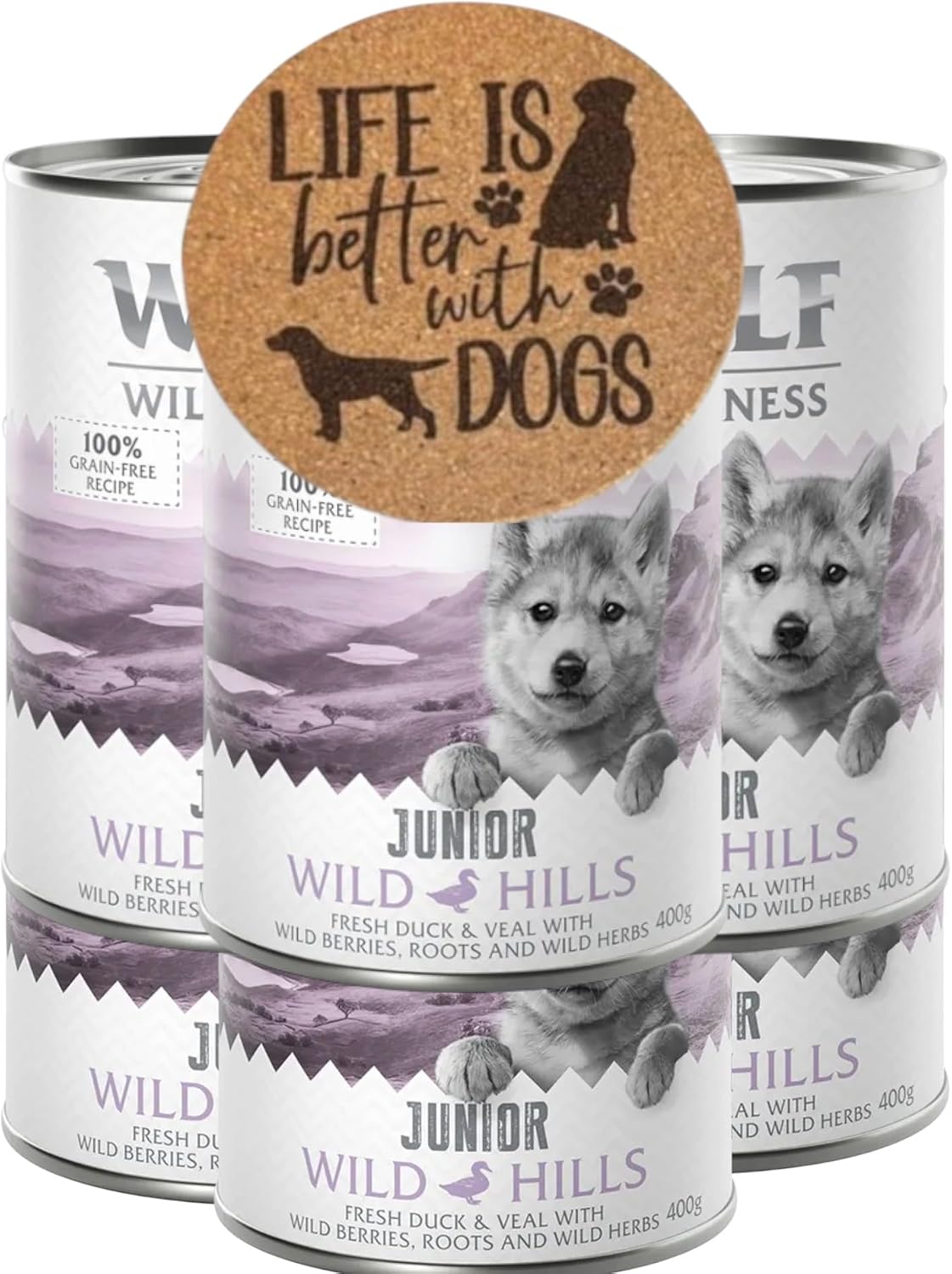 AETN Creations Bundle of Junior Wild Hills Wet Puppy Food 6x400g in Duck & Veal - Grain-Free, High Protein For Growing Dogs with AETN Coaster