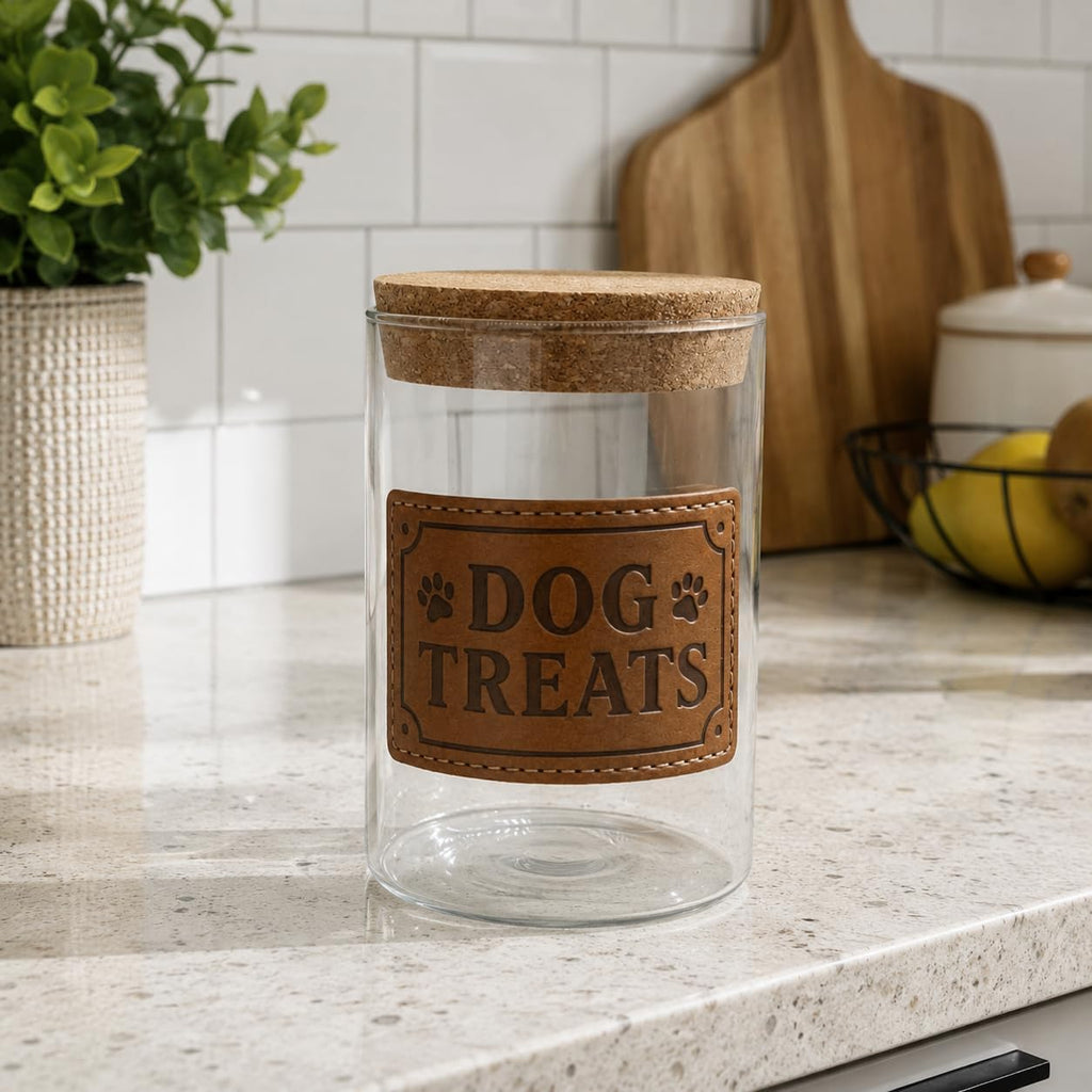AETN Creations Dog Treats Glass Storage Jar 600ml with Natural Cork Lid, Kitchen Pet Food Container, Reusable Biscuit Snack Jar, Dog Lover Gift