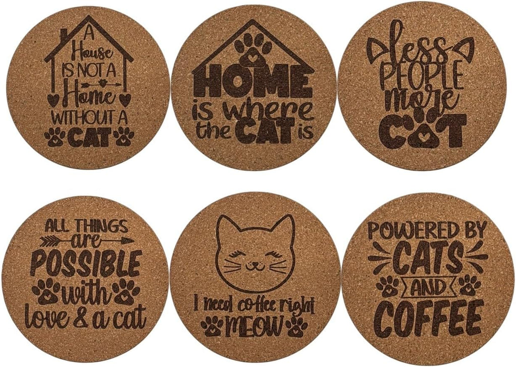 AETN Creations Cat Quote Engraved Cork Coaster Set – Pack of 6 Funny and Heartwarming Coasters for Cat Lovers – Coffee & Tea Gifts