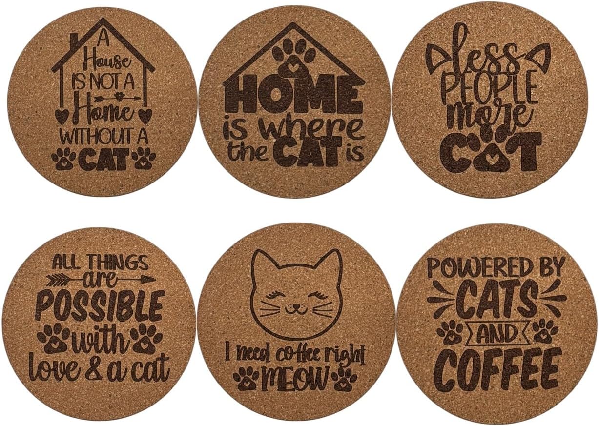 AETN Creations Cat Quote Engraved Cork Coaster Set – Pack of 6 Funny and Heartwarming Coasters for Cat Lovers – Coffee & Tea Gifts