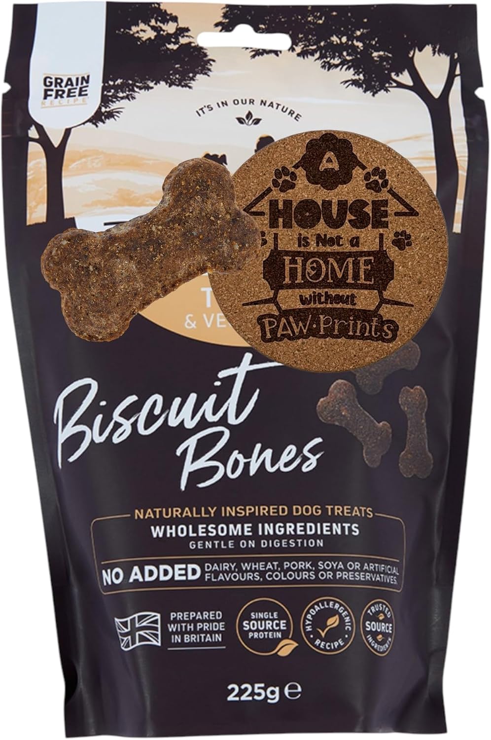 AETN Creations Grain Free Turkey with Rice Biscuit Bones Dog Treats 225g – Hypoallergenic Recipe for Adult Dogs with AETN Exclusive Coaster