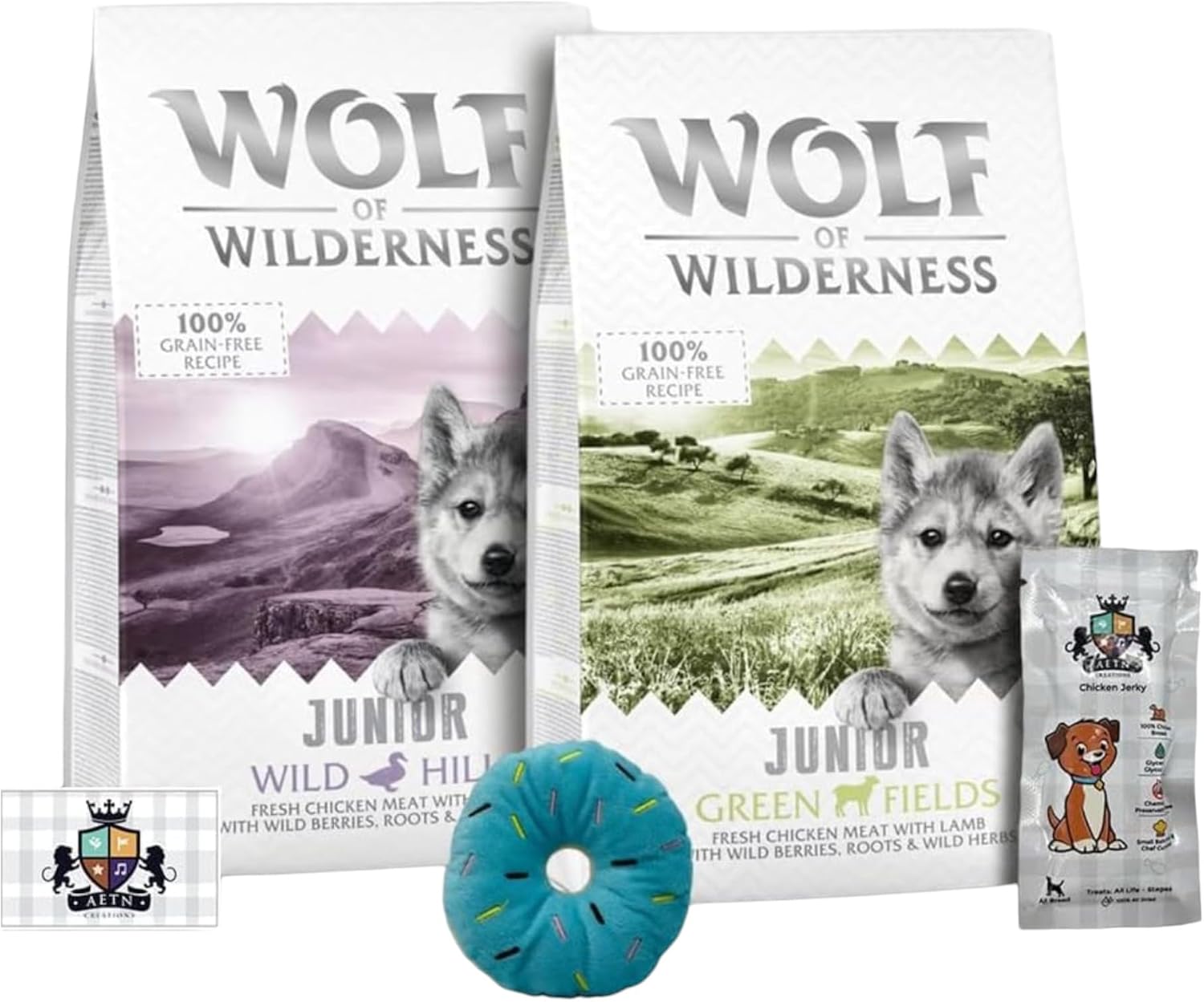 AETN Creations Junior Wolf of Wilderness Bundle 2 x 1kg in Duck and Lamb Grain-Free Puppy Food with AETN Jerky Dog Treat and Plush Doughnut Toy