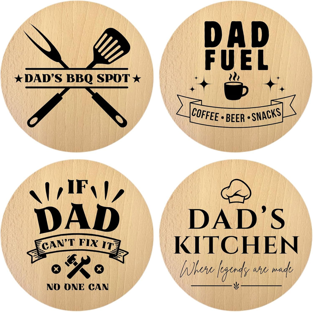 AETN Creations Engraved Beech Wood Coaster Set of 4, Round 10cm Wooden Coasters, Laser Engraved for Dad, BBQ Coffee Kitchen Designs
