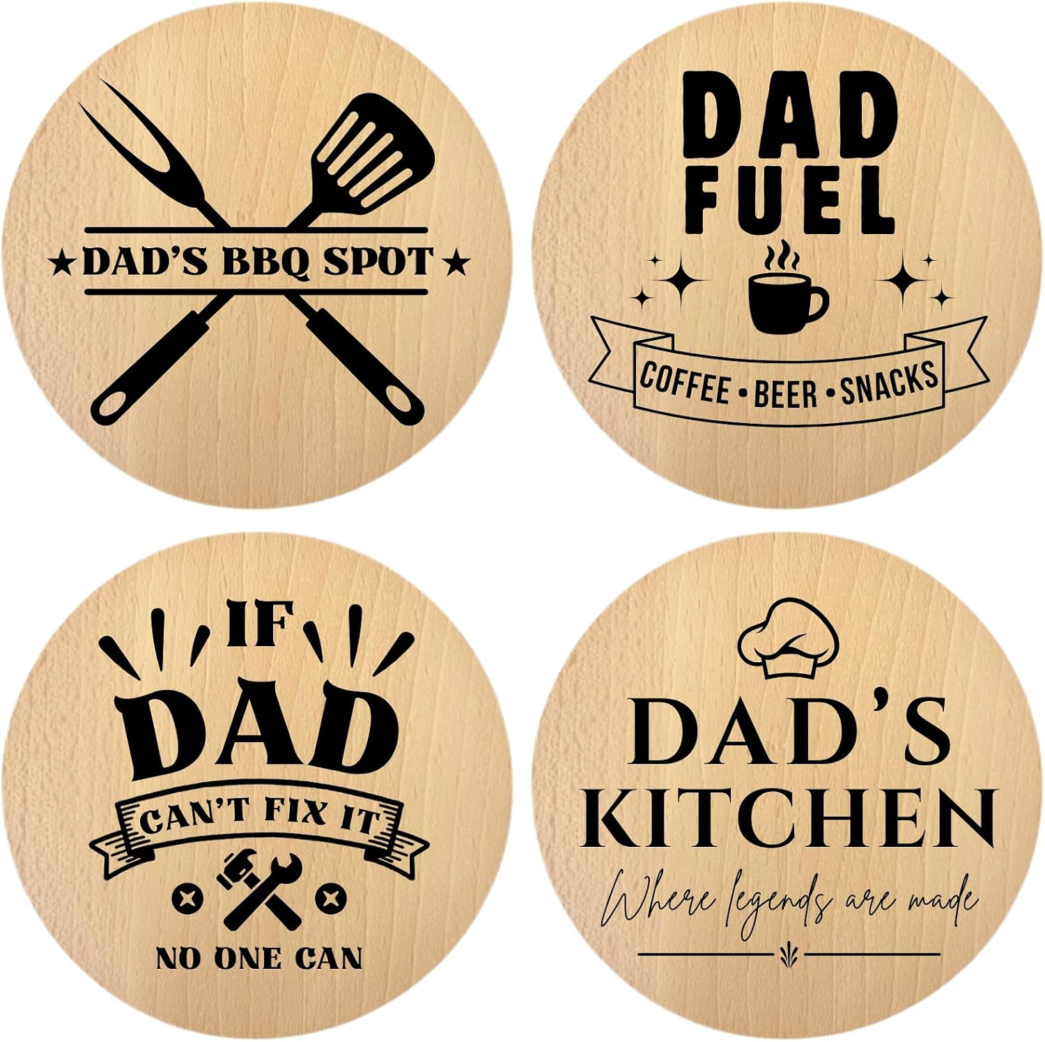 AETN Creations Engraved Beech Wood Coaster Set of 4, Round 10cm Wooden Coasters, Laser Engraved for Dad, BBQ Coffee Kitchen Designs