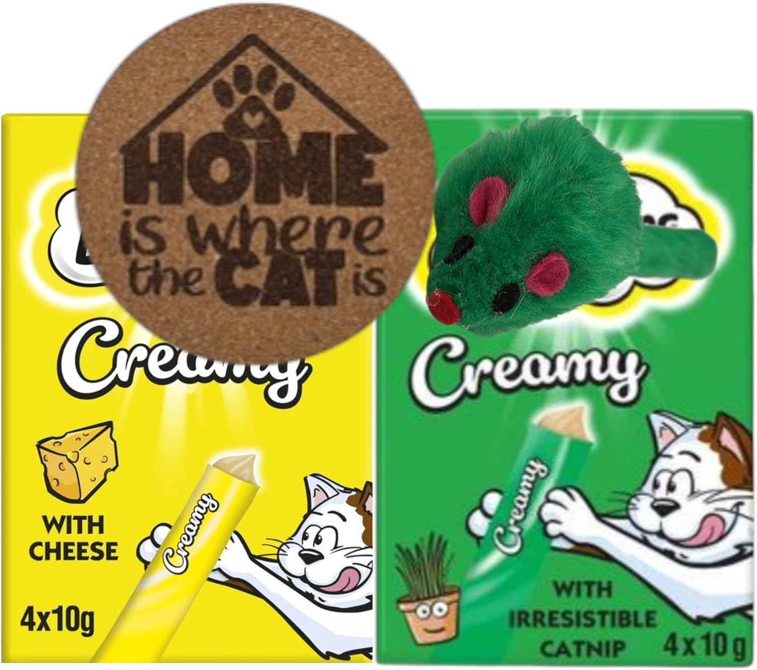 AETN Creations Creamy Cat Treats Bundle – 8 x 10g Lickable Cheese & Catnip Sticks, Plush Mouse Toy & Exclusive Engraved Cork Coaster – Training Reward, Food Topper & Gift for Cat Lovers