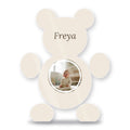 Personalised teddy-shaped acrylic photo block with baby photo and name