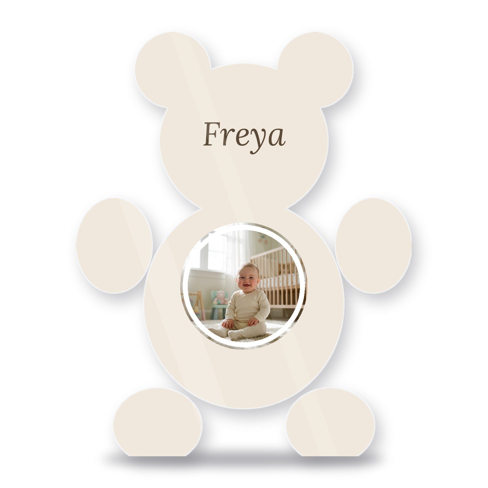 Personalised teddy-shaped acrylic photo block with baby photo and name