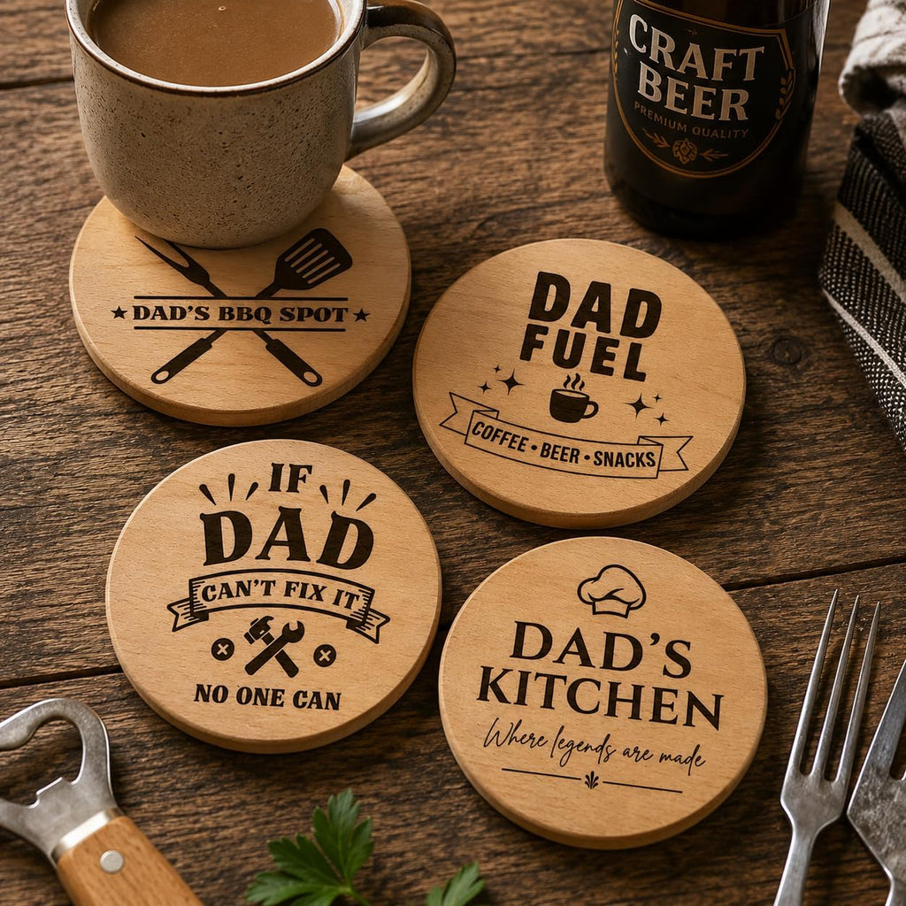 Fathers Day Coaster Set of 4, Beechwood Engraved Drinks Coasters, BBQ Beer Coffee Kitchen Designs, Round 10cm, Dad Birthday Gift, Made in the UK by AETN Creations