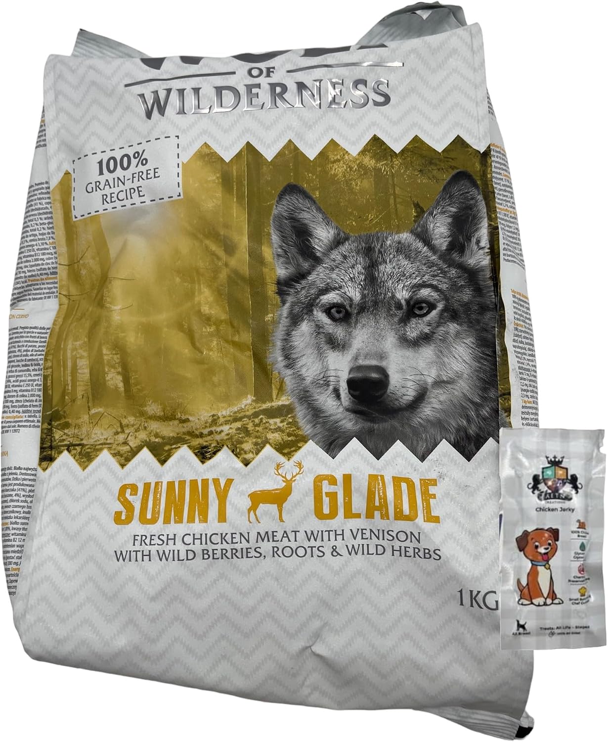 AETN Creations Wolf of Wilderness Adult Sunny Glade 1kg Bag Chicken with Venison Flavour Grain-Free, High-Protein Dry Dog Food with AETN Jerky Treat
