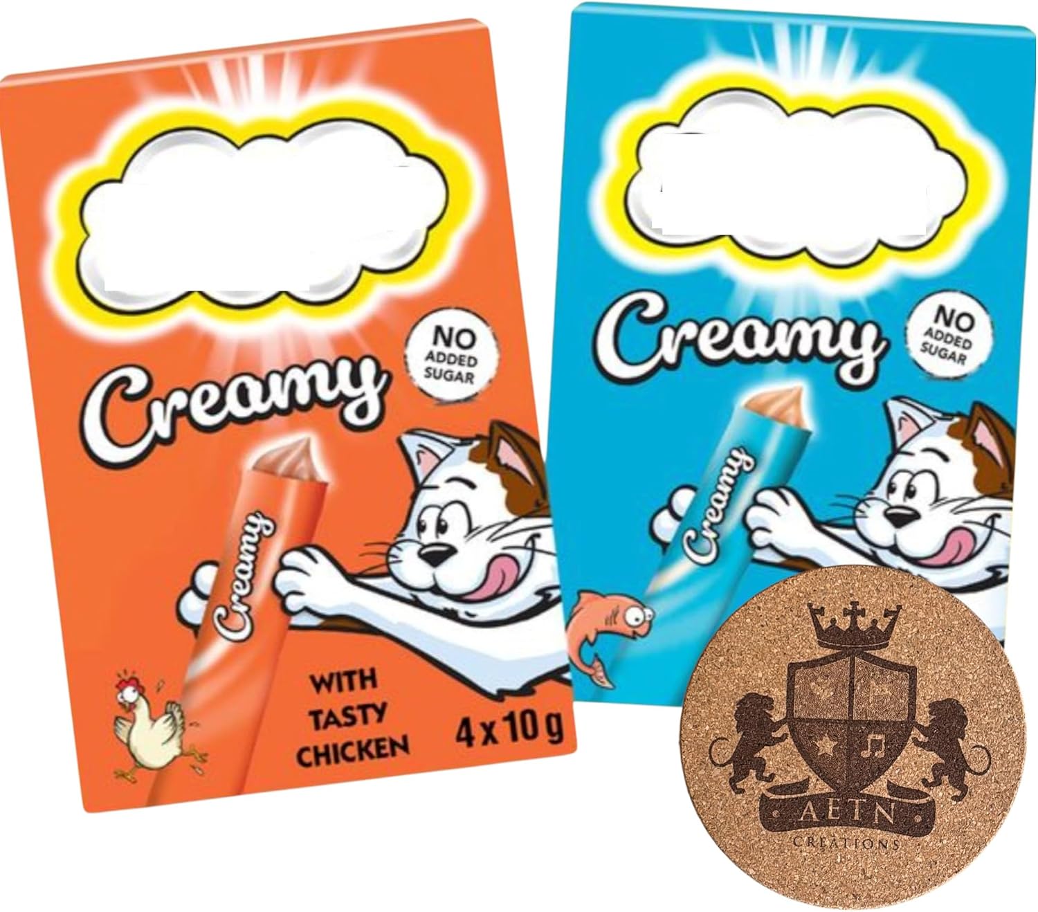 AETN Creations Cat Lover Gift Set – Collectible Cat Coaster & 8 Creamy Cat Treats (4 Salmon + 4 Chicken, 8 x 10g) – Soft Lickable Snacks for Cats & Kittens – Unique Gift for Cat Owners