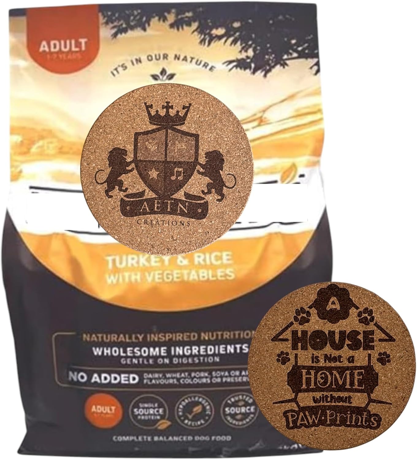 AETN Creations Bundle Complete Dry Adult Dog Food 2kg Turkey with Rice for Optimal Health and Balanced Nutrition with AETN Exclusive Coaster