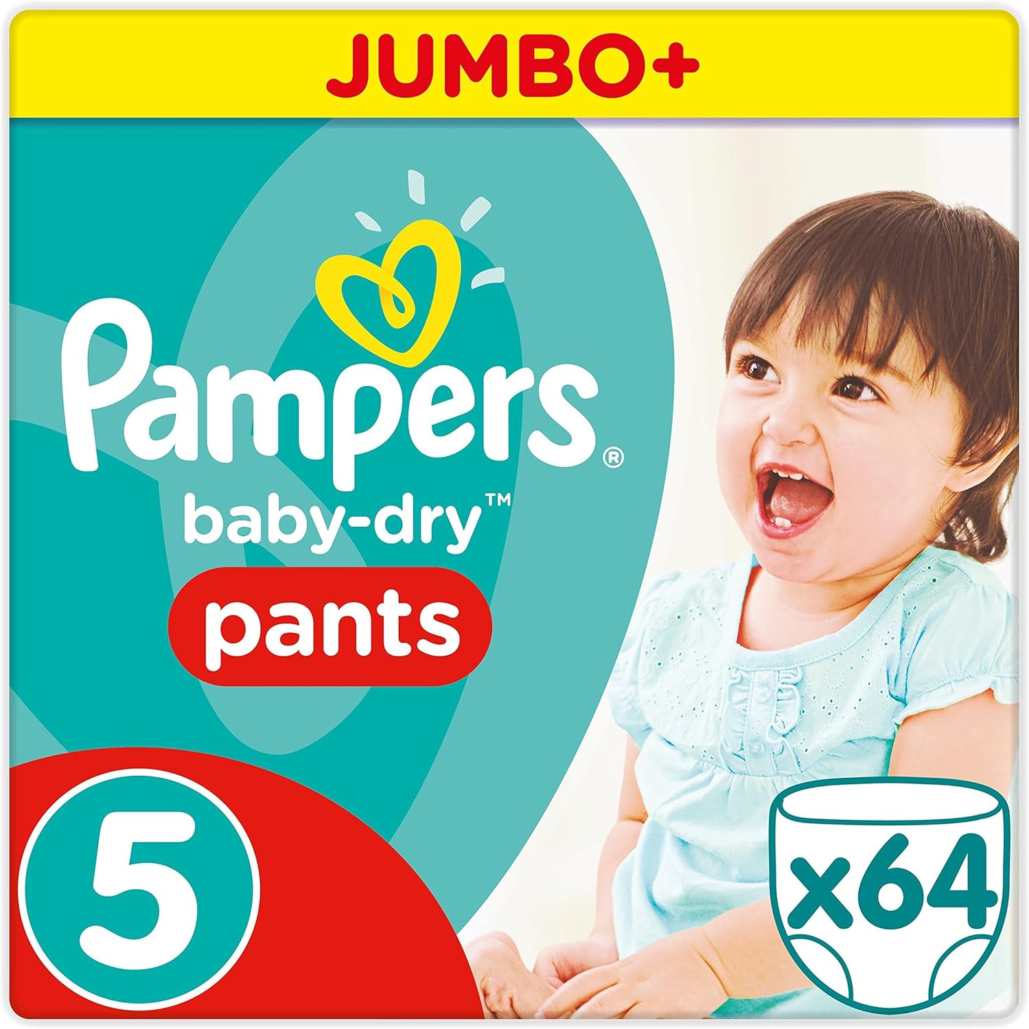 Pampers Baby-Dry 64 Nappy Pants, Easy-On with Air Channels for Up to 12 Hours of Breathable Dryness, Size 5, 12-17 kg