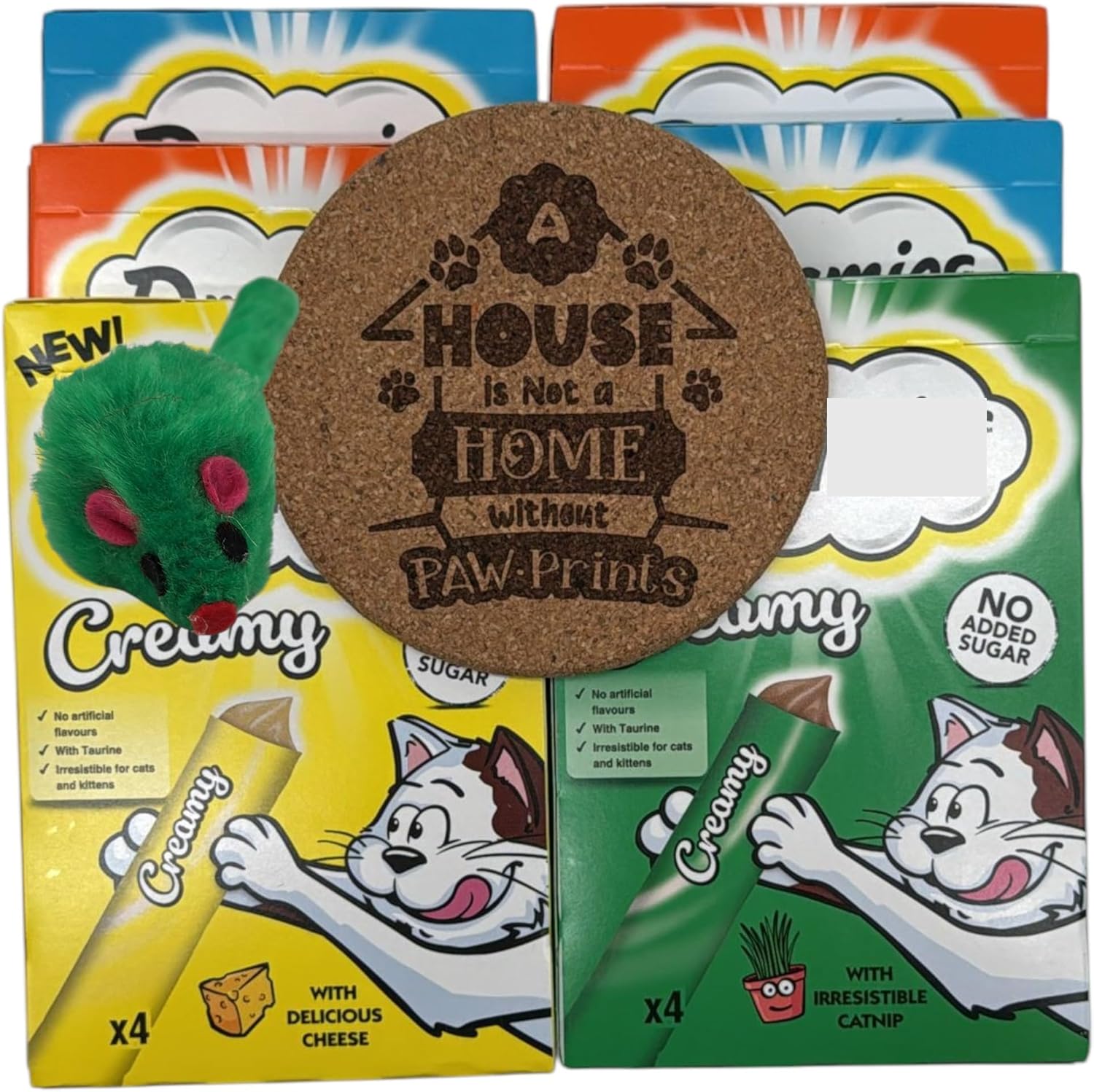 AETN Creations Creamy Cat Treats Variety 6 Pack of 4x10g Sticks – Chicken, Salmon, Cheese & Catnip Flavours + Exclusive AETN Cat Quote Coaster and Toy Mouse