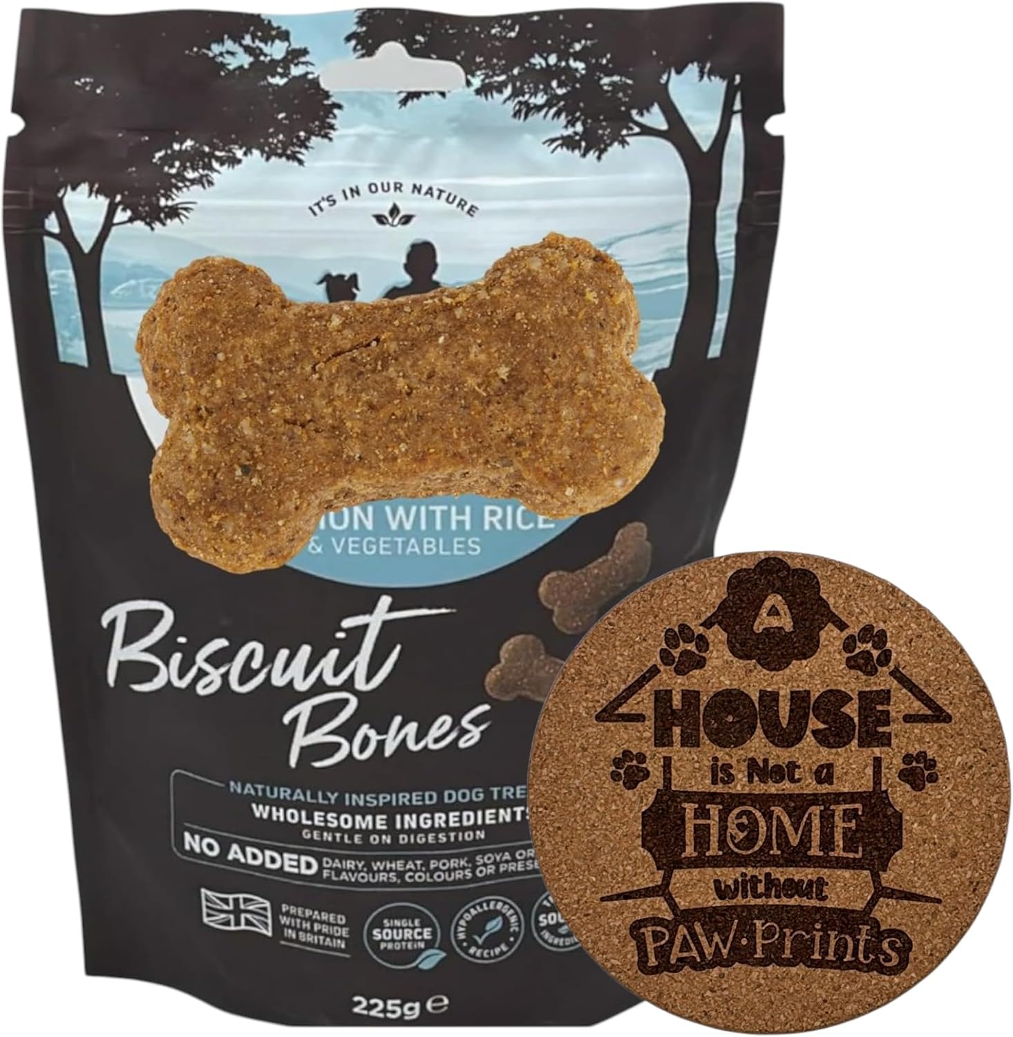 AETN Creations Bundle of Salmon with Rice Biscuit Bones Dog Treats 225g Hypoallergenic Recipe for Adult Dogs and AETN Exclusive Coaster