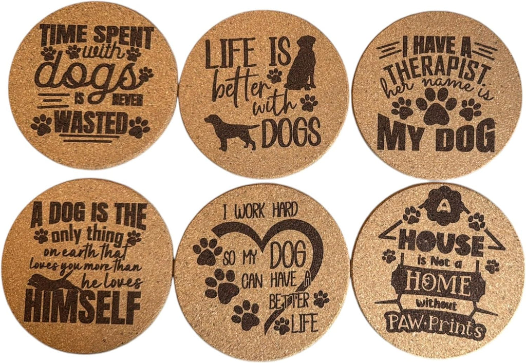 AETN Creations Dog Quote Cork Coaster Set – Pack of 6 Collectible Designs for Dog Lovers – Funny and Heartwarming Phrases