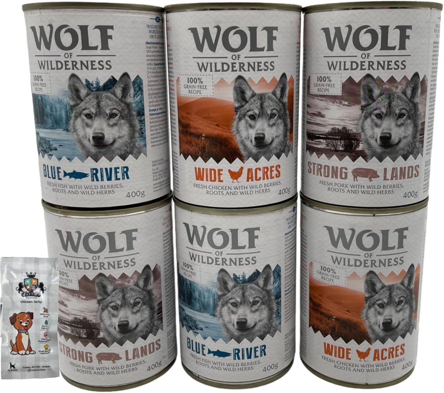 AETN Creations Wolf of Wilderness Wild Adult Wet Dog Food Verity Pack 6x400g in Chicken, Pork and Fish Protein Packed, Grain-free