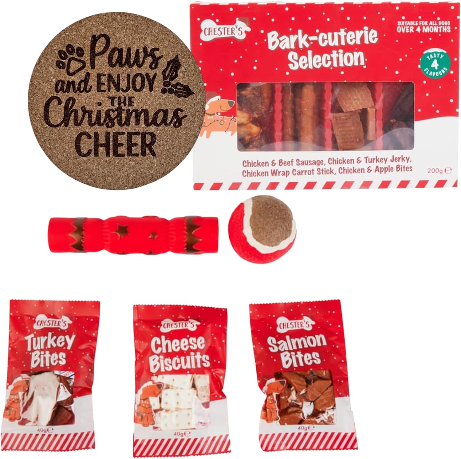 AETN Creations Christmas Pet Gift Bundle – Bark-Cuterie Treat Selection 200 g + Festive Treat Stocking 120 g + Christmas Coaster | Holiday Dog Lover Gift Set