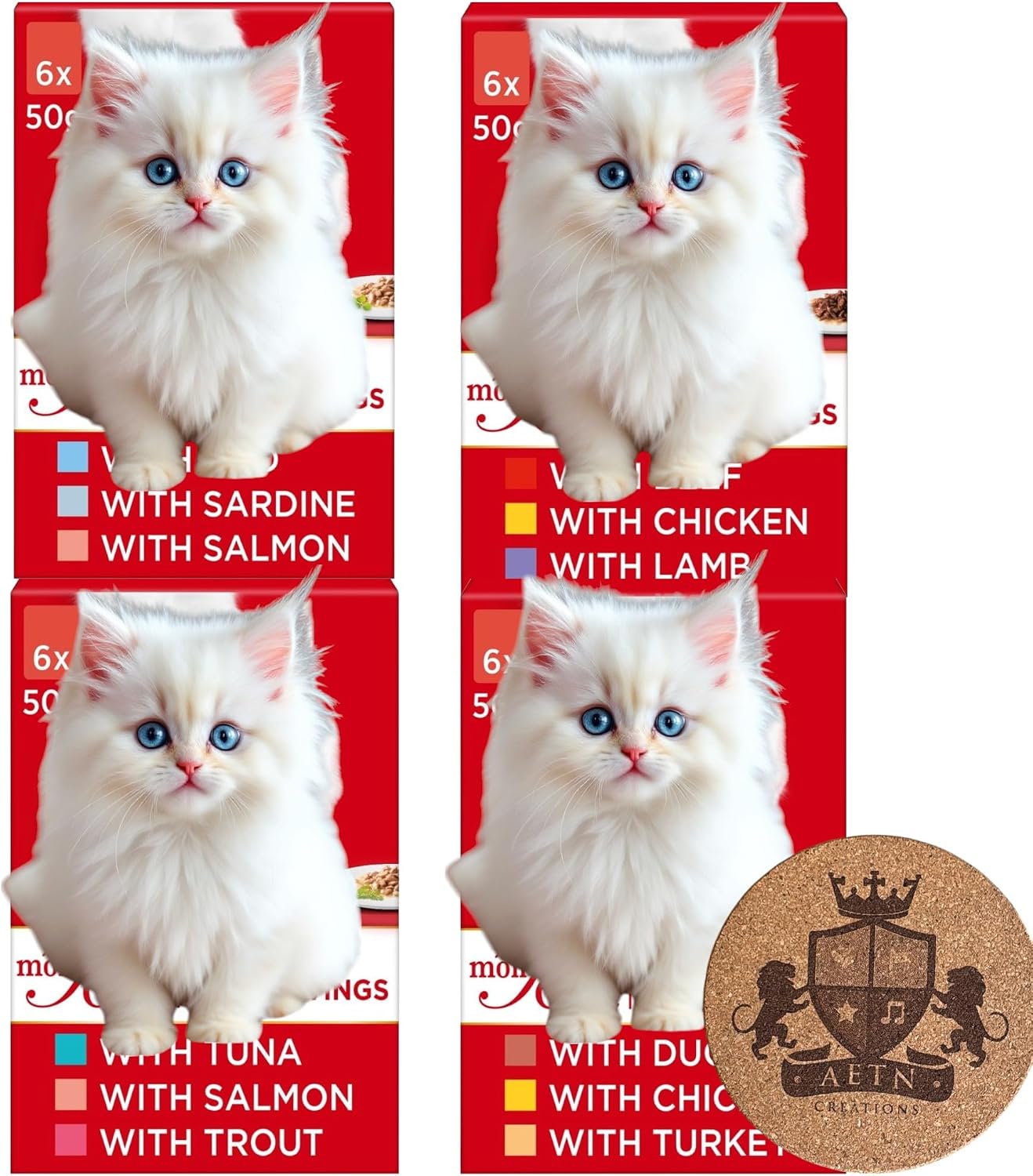 AETN Creations Gourmet-Style Adult Wet Cat Food Variety Pack – 24 x 50g Pouches in 4 Flavours (Fish & Meat Selection) + Fun Collectable Cat Quote Coaster