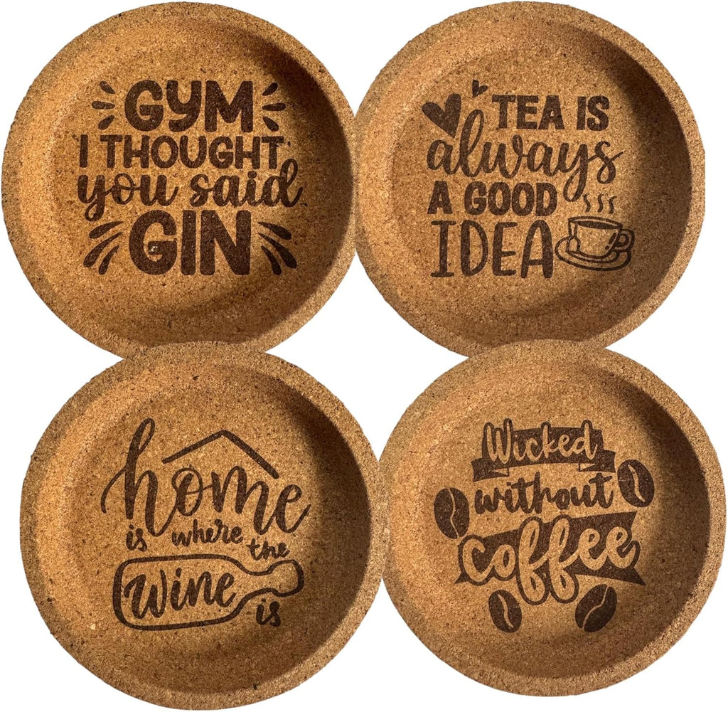 AETN Creations Engraved Cork Coaster Set of 4 – Funny Sayings for Coffee, Tea, Wine & Gin – Heat Resistant Drinks Mats for Home, Office or Gifts
