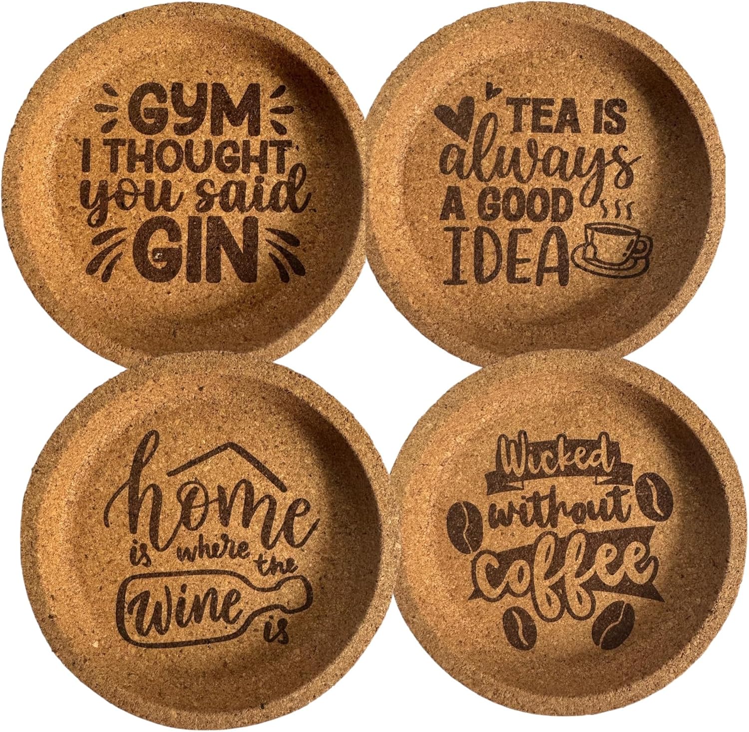 AETN Creations Engraved Cork Coaster Set of 4 – Funny Sayings for Coffee, Tea, Wine & Gin – Heat Resistant Drinks Mats for Home, Office or Gifts