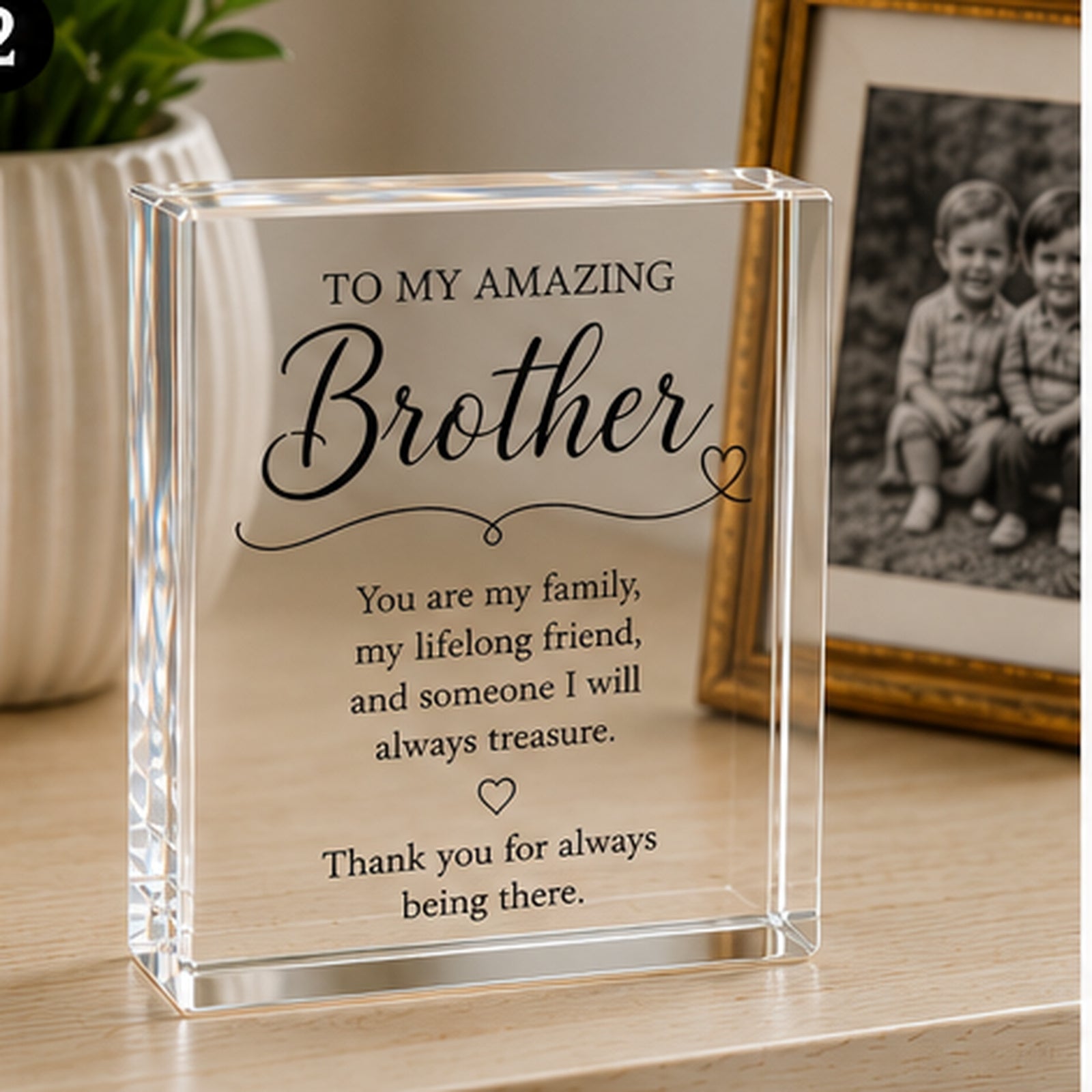 Personalised Brother acrylic keepsake block — lifestyle image