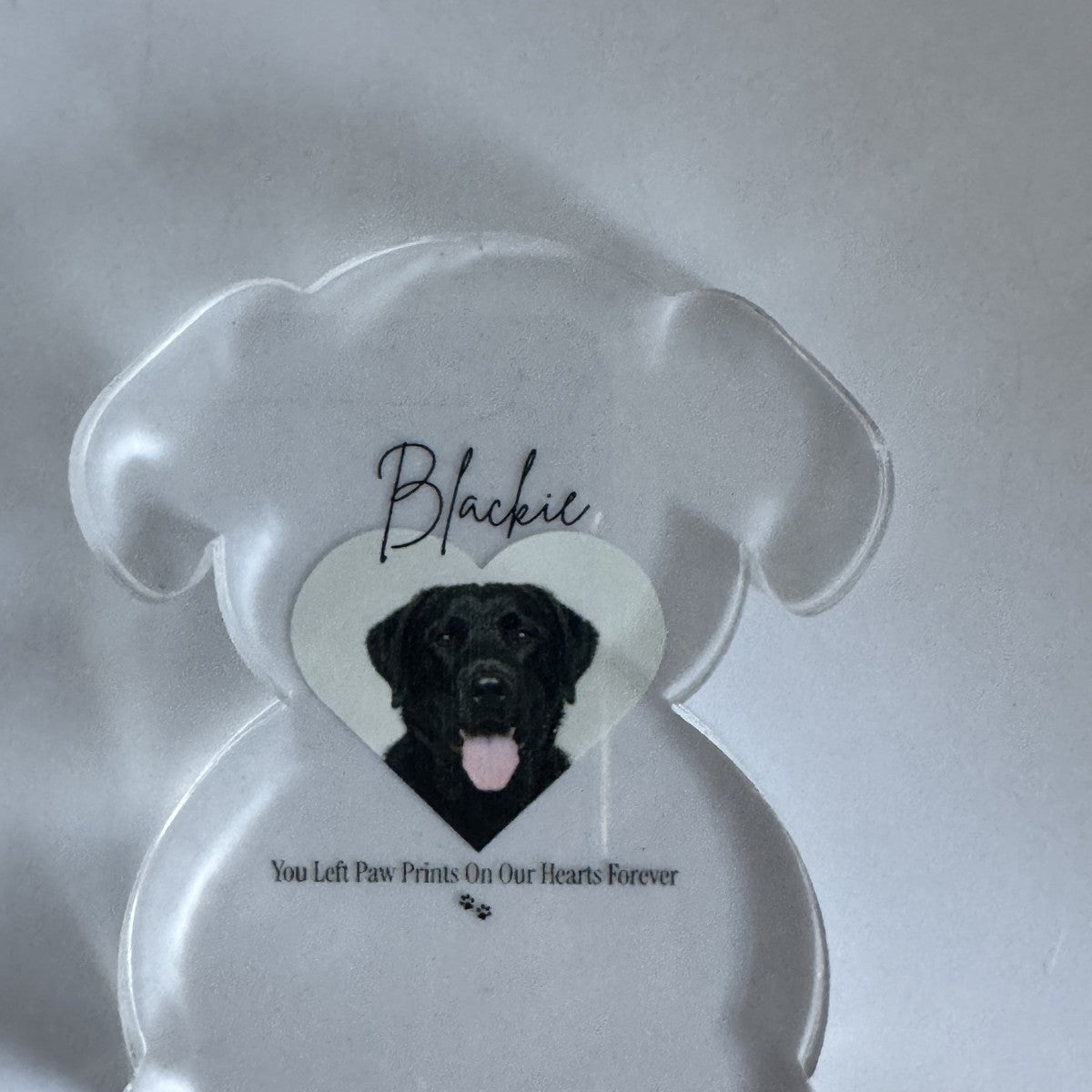 Dog shaped acrylic pet memorial photo block with photo, name and dates