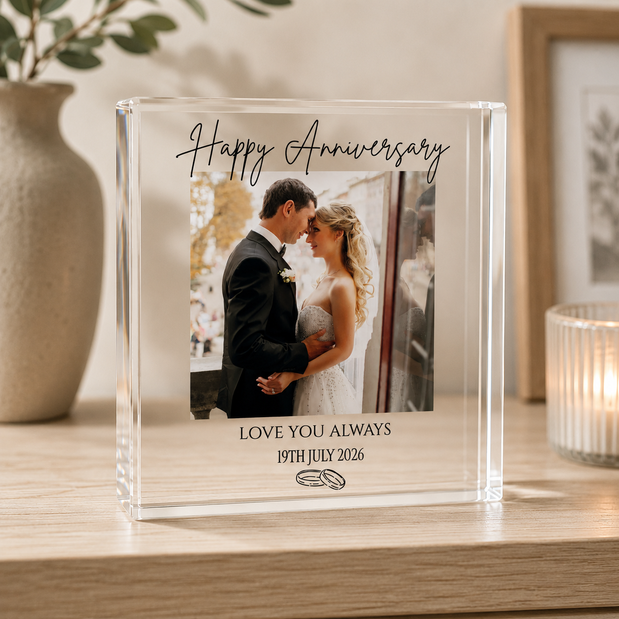 Personalised anniversary acrylic photo block with couple photo and custom message