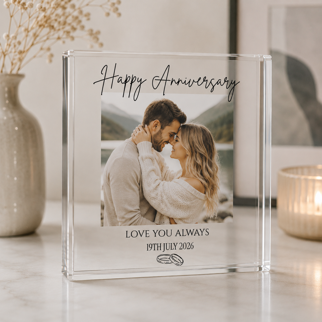 Anniversary acrylic photo block freestanding display