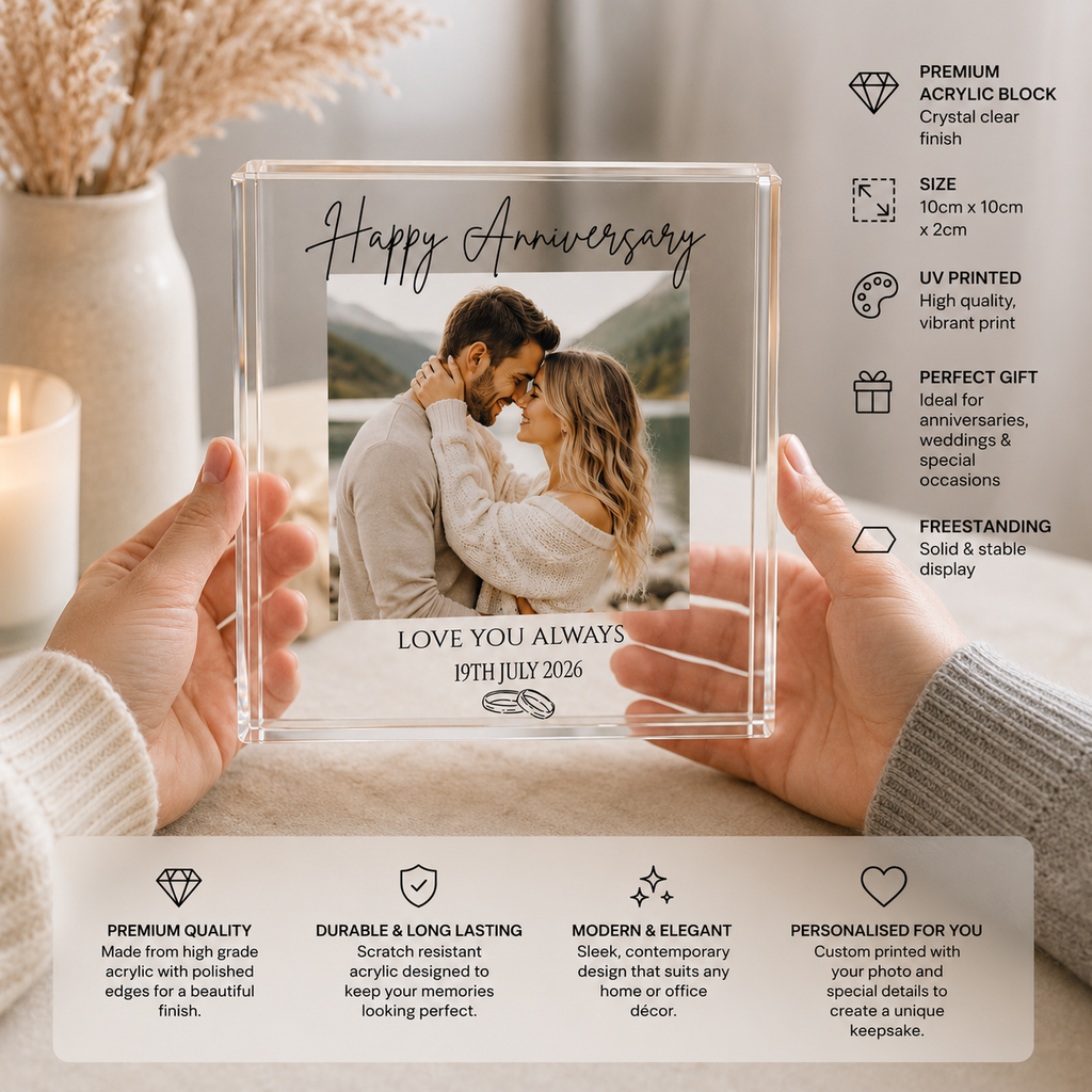 Anniversary acrylic photo block size and edge detail
