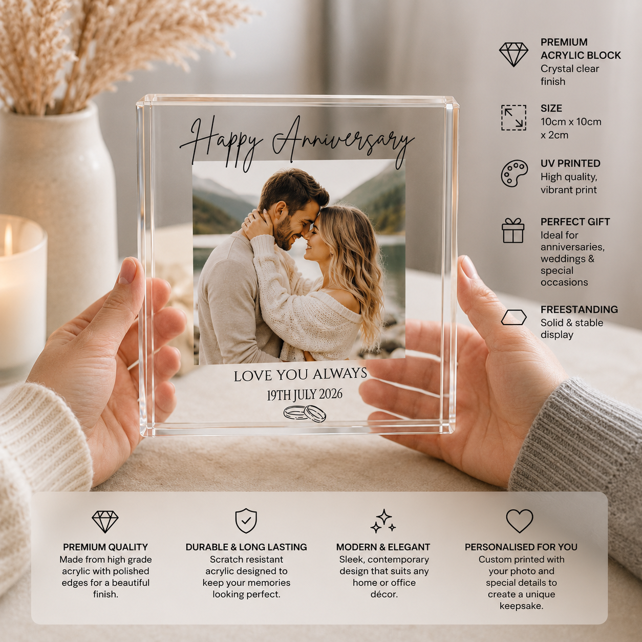 Anniversary acrylic photo block size and edge detail