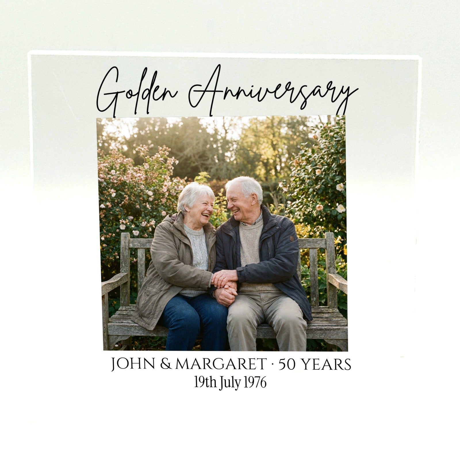 Personalised Golden 50th anniversary acrylic photo block, 10x10cm 10mm