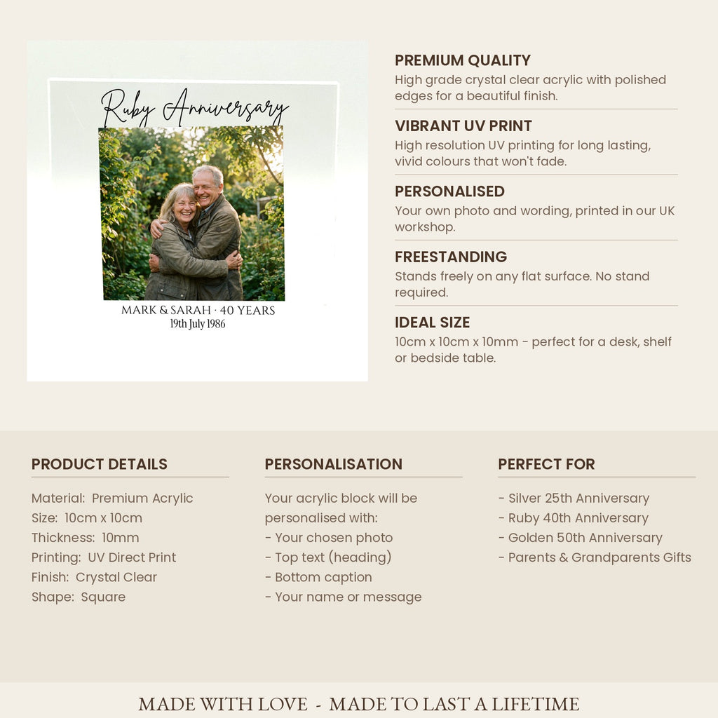 Product specifications card for milestone anniversary acrylic photo block
