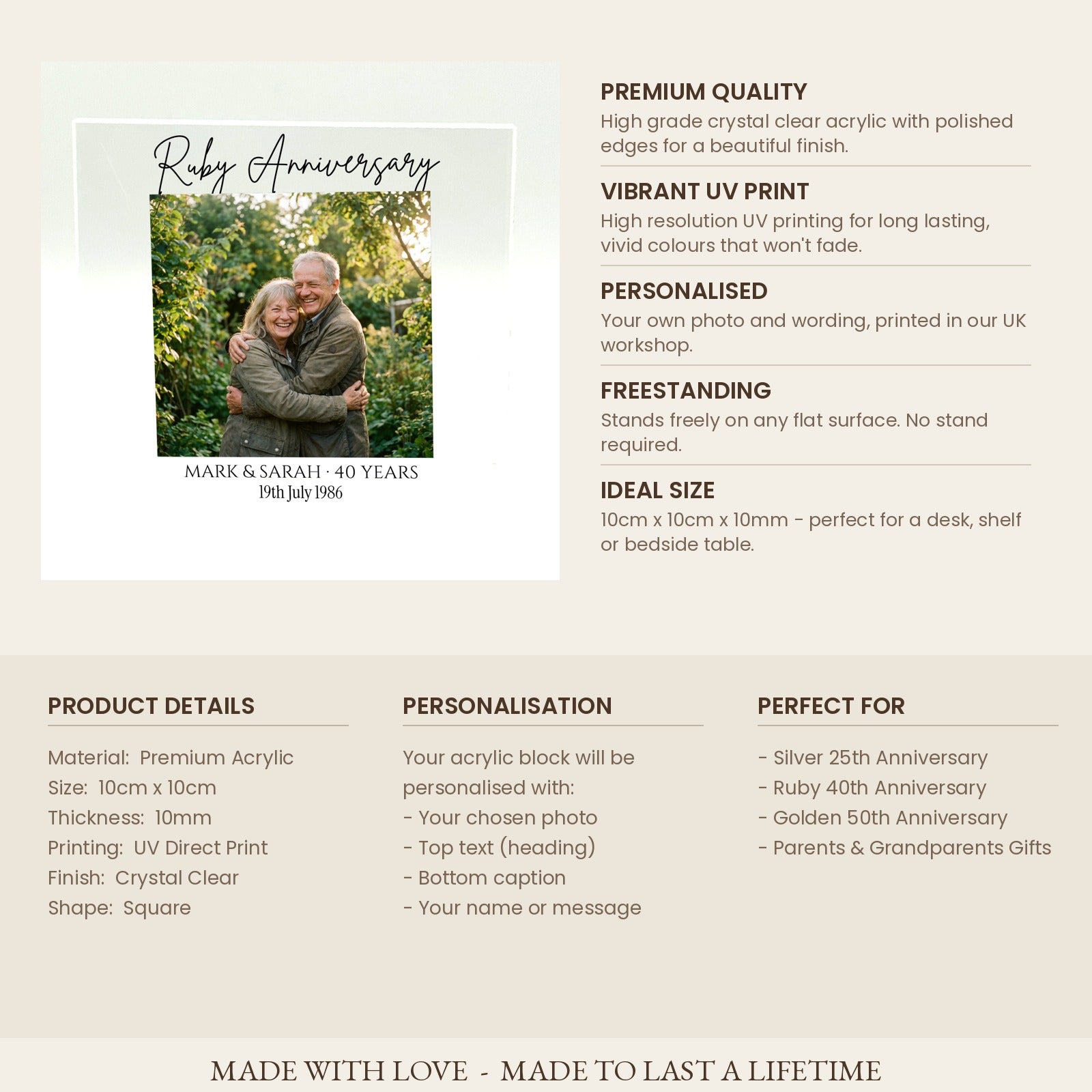 Product specifications card for milestone anniversary acrylic photo block