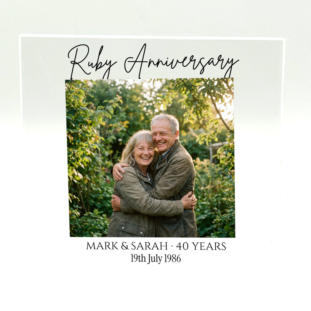 Personalised Ruby 40th anniversary acrylic photo block, 10x10cm 10mm