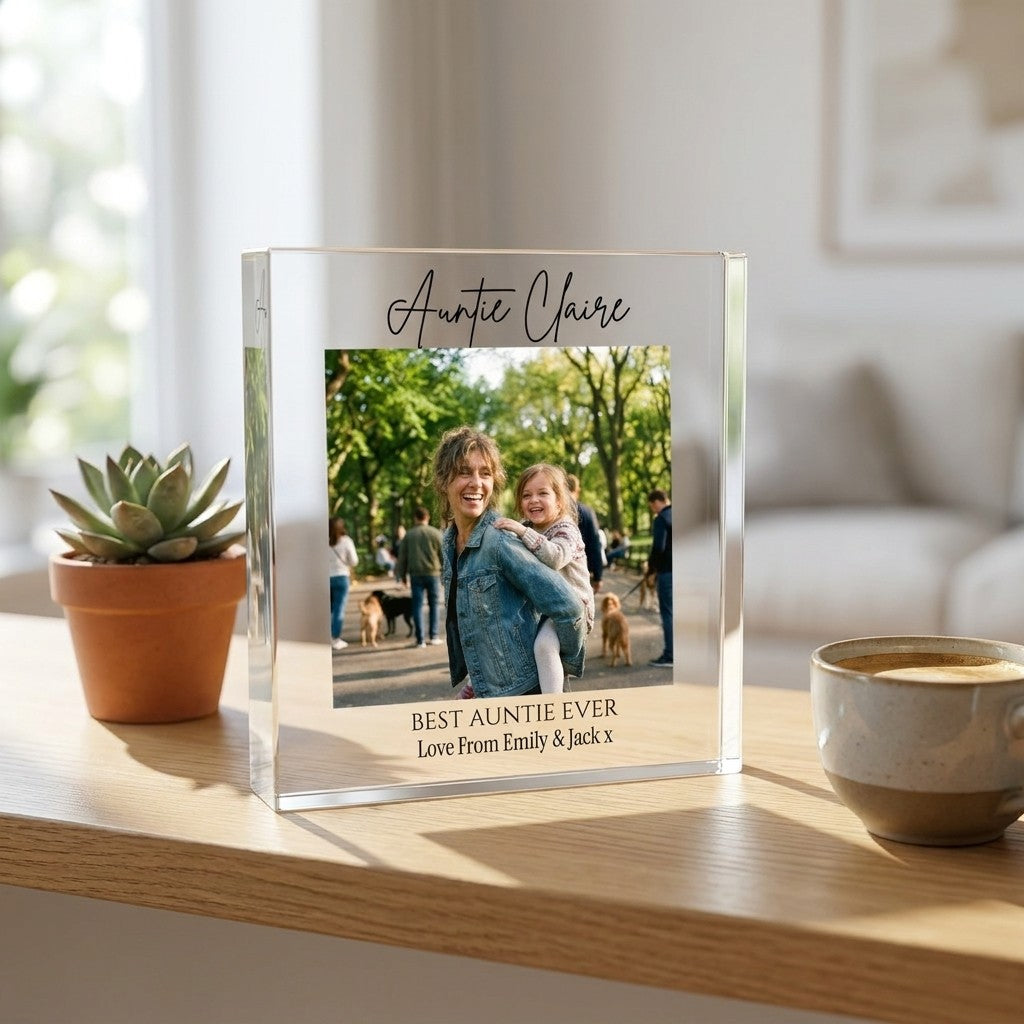 Personalised Auntie acrylic photo block displayed in a home setting