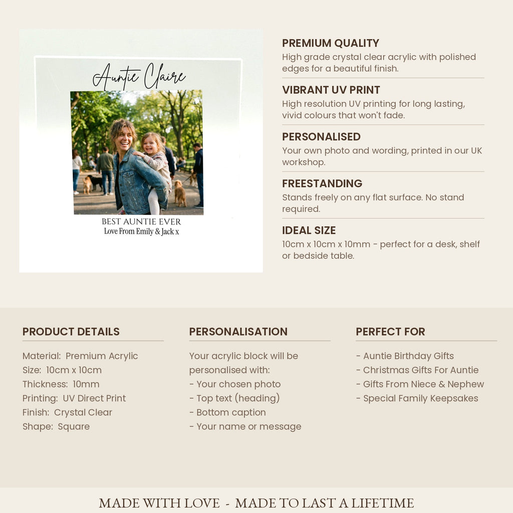 Product specifications card for personalised Auntie acrylic photo block