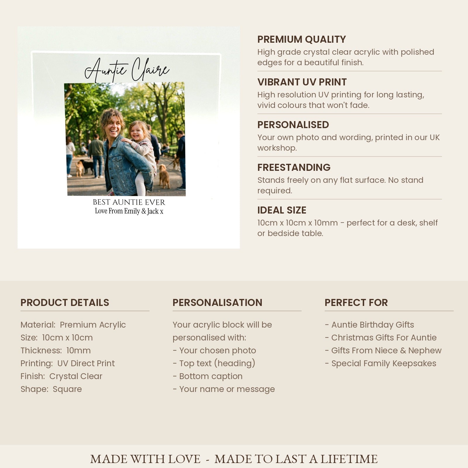 Product specifications card for personalised Auntie acrylic photo block