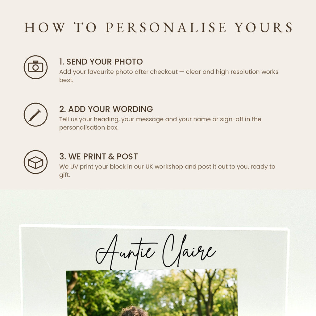 How to personalise your Auntie acrylic photo block