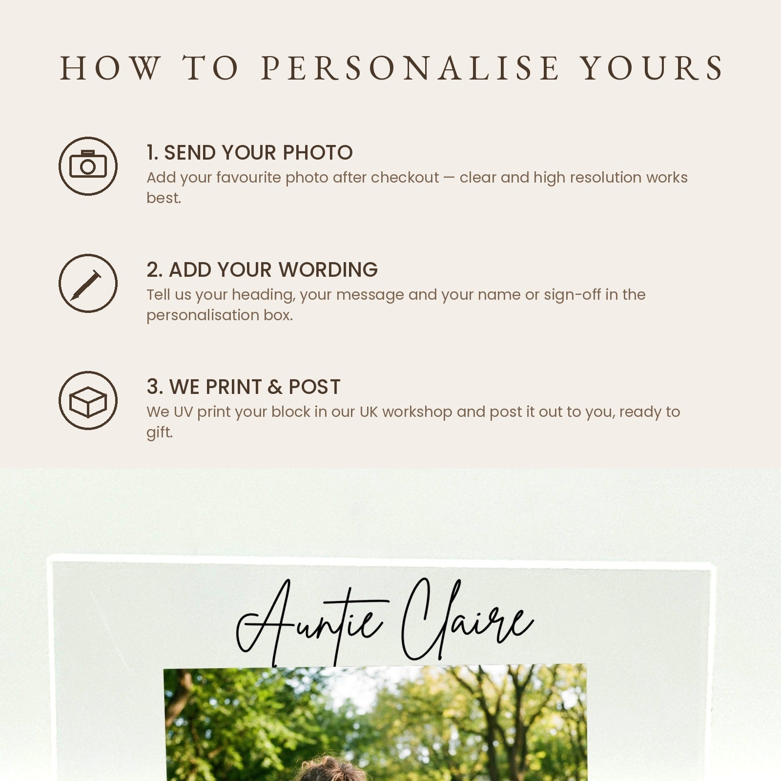 How to personalise your Auntie acrylic photo block